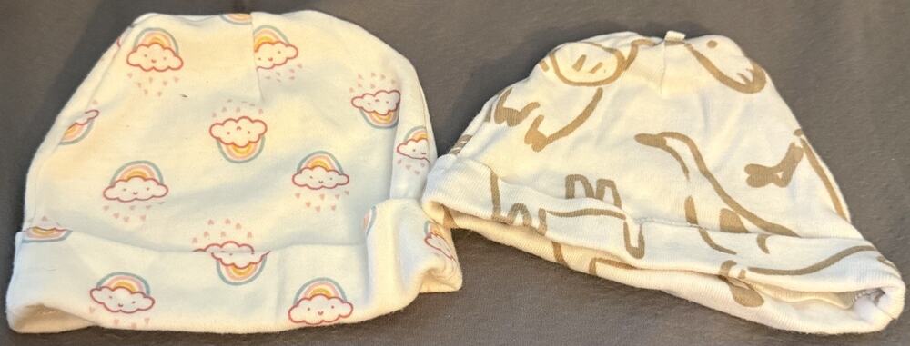 Lot/2 Carter’s+ Baby Beanie Cap Hats, White, Unisex, Rainy Rainbow, Farm Friends